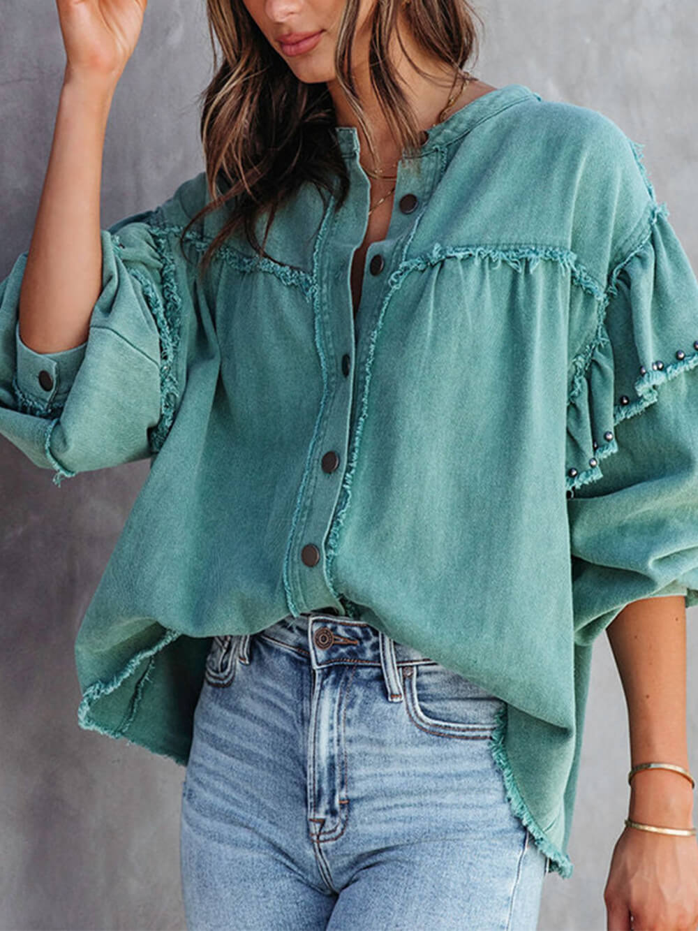 Laternenärmel Nagelperlen Rüschen Jeansjacke Mantel