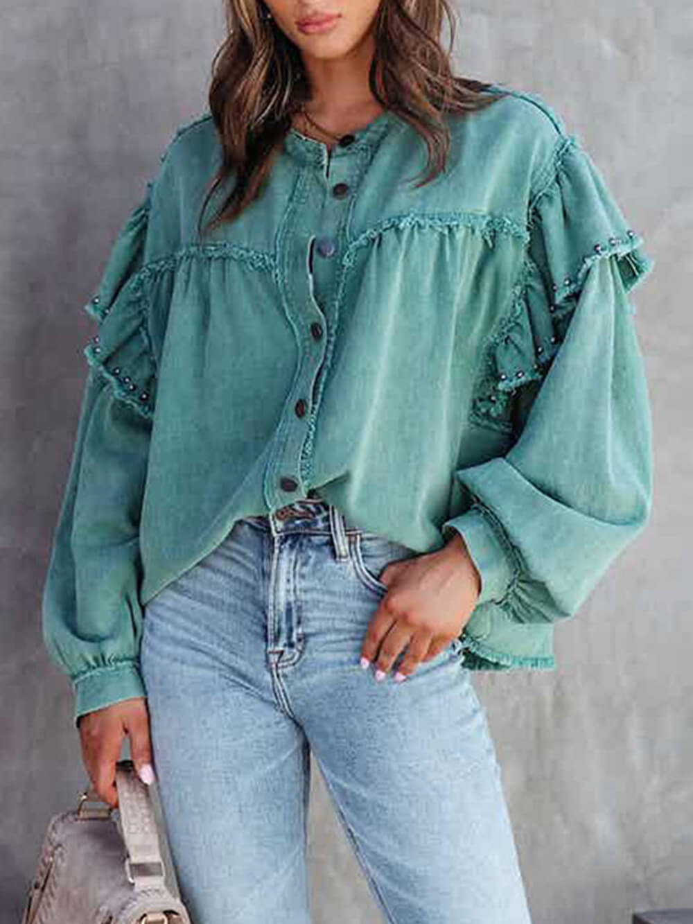 Laternenärmel Nagelperlen Rüschen Jeansjacke Mantel