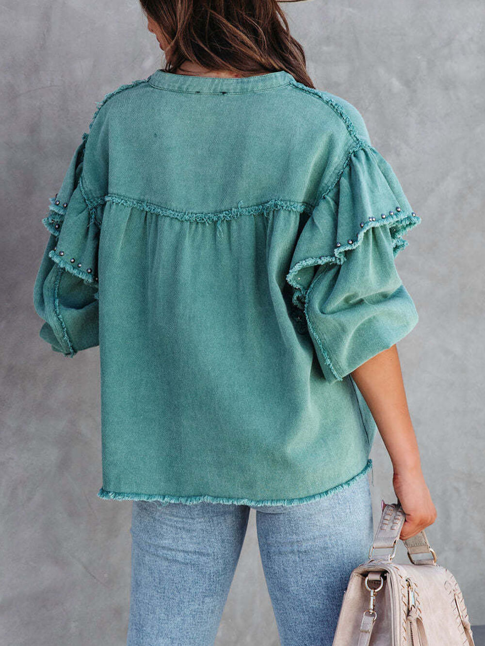 Laternenärmel Nagelperlen Rüschen Jeansjacke Mantel