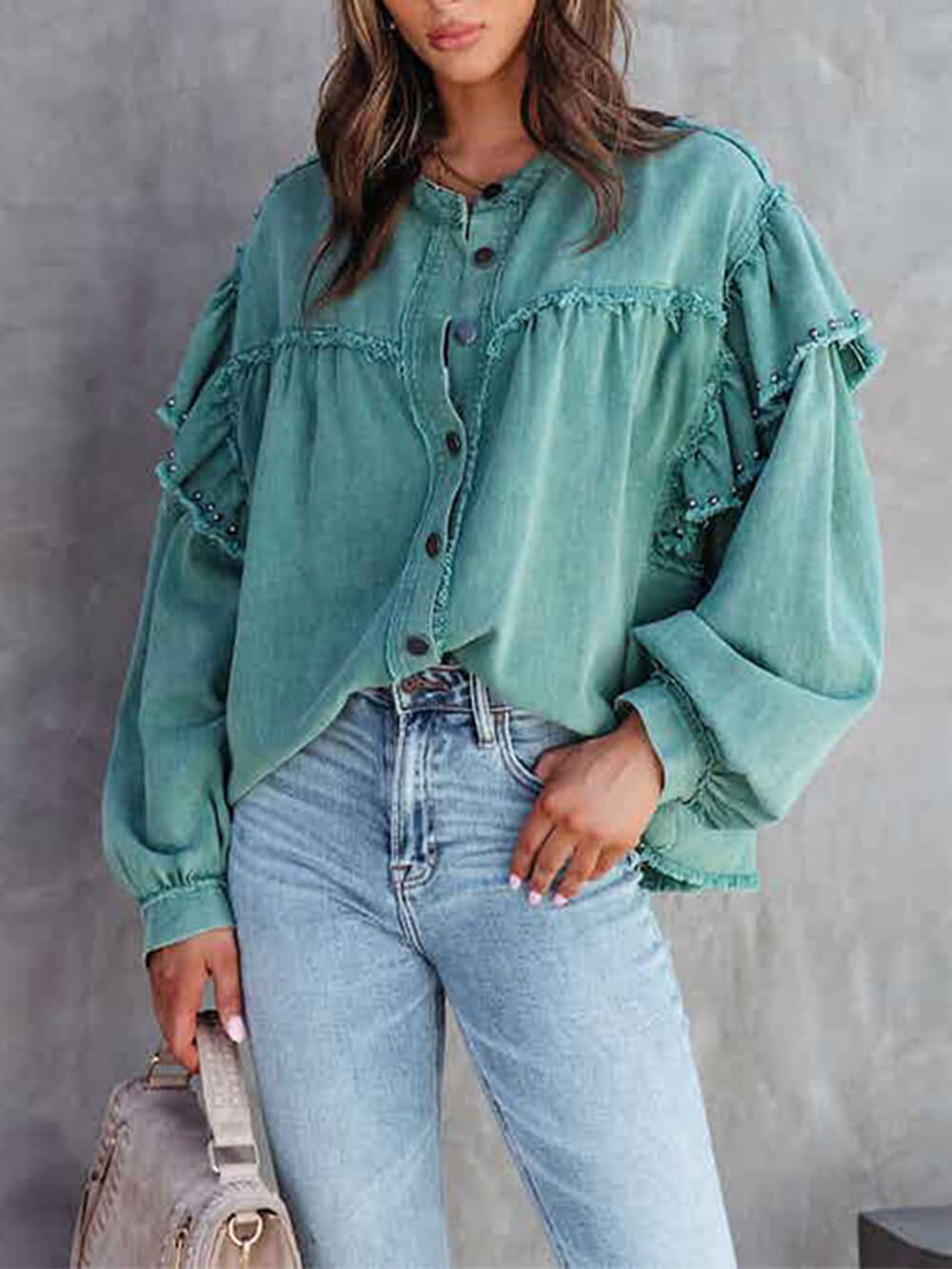 Laternenärmel Nagelperlen Rüschen Jeansjacke Mantel