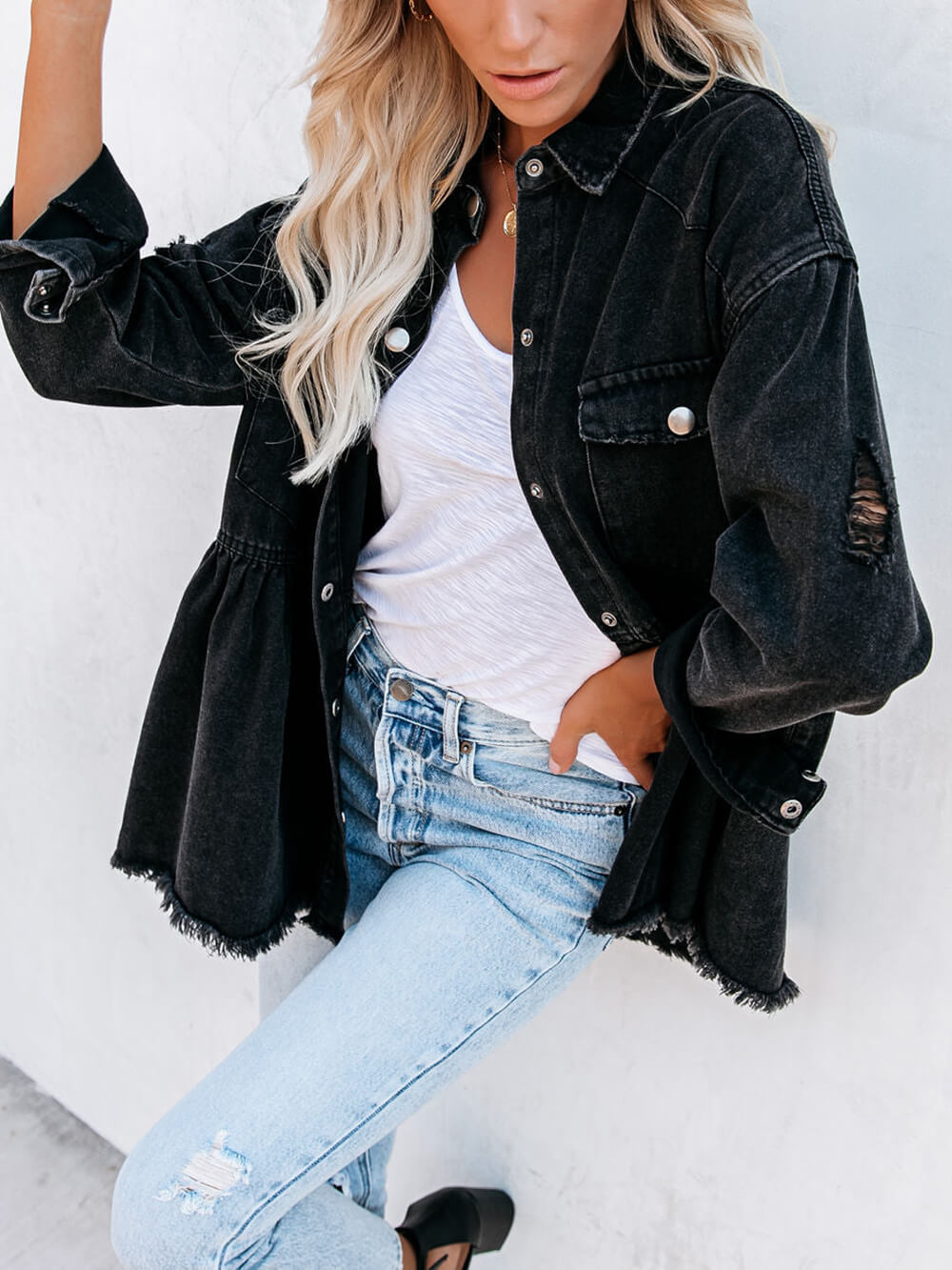 Distressed Jeansstoff Knopf Runter Hemdjacke
