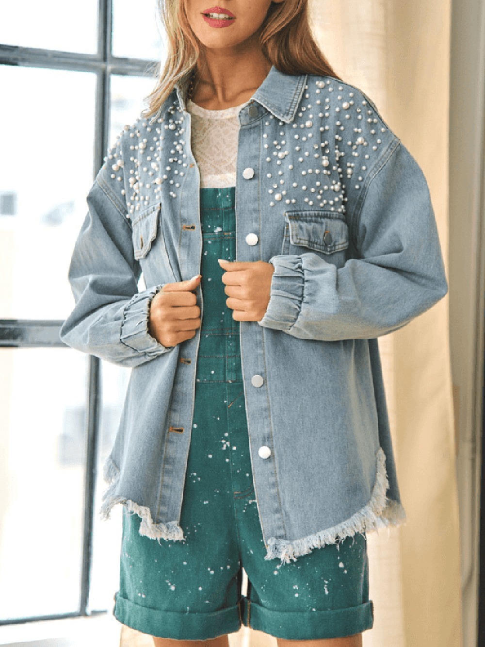 Perlenmädchen Übergroß Jeansstoff Shacket