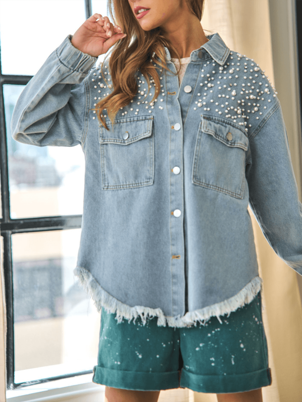 Perlenmädchen Übergroß Jeansstoff Shacket