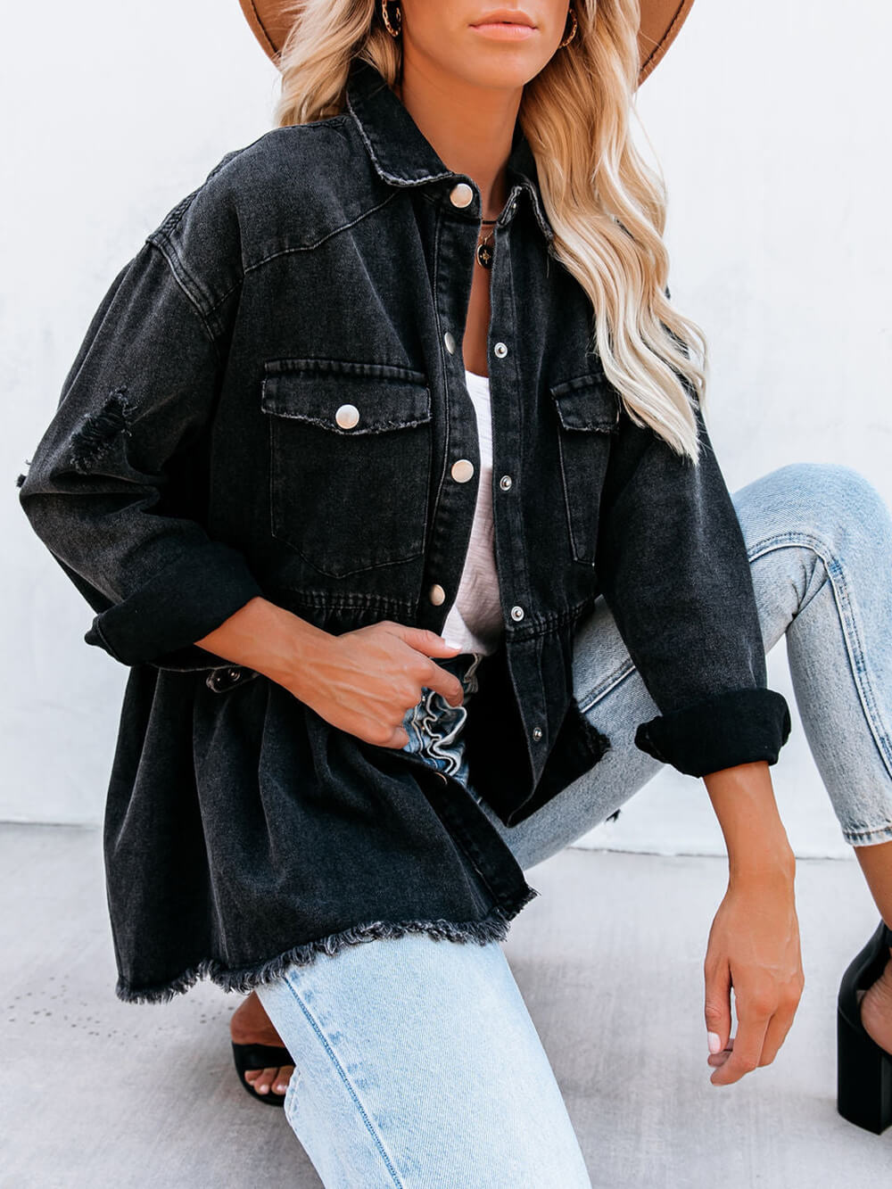 Distressed Jeansstoff Knopf Runter Hemdjacke
