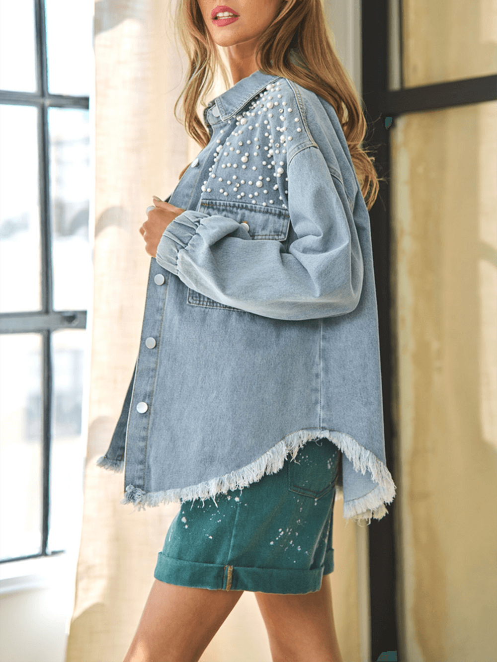 Perlenmädchen Übergroß Jeansstoff Shacket