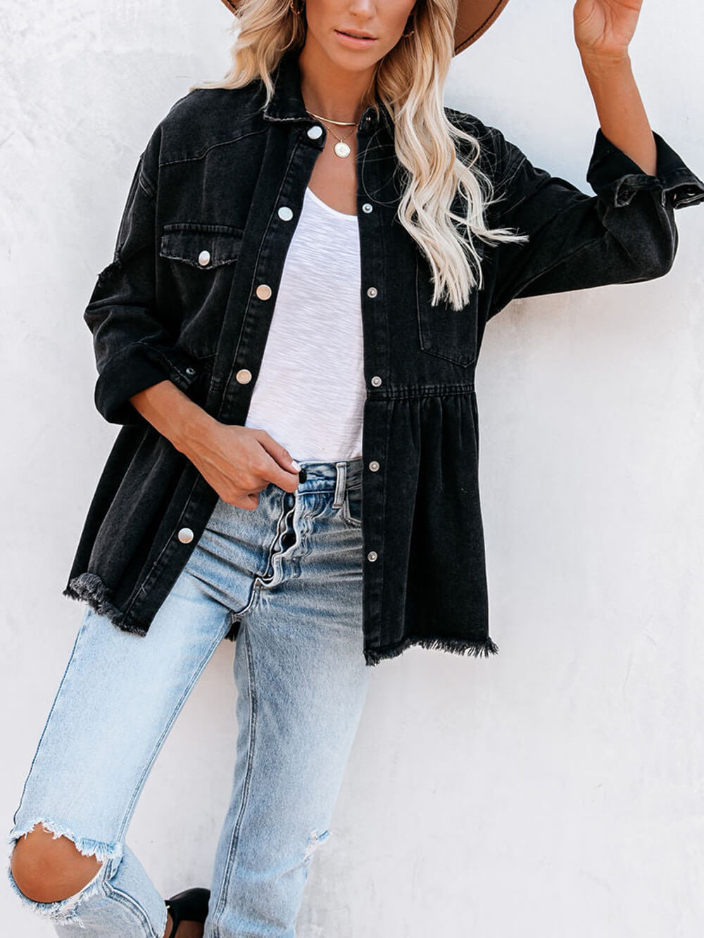 Distressed Jeansstoff Knopf Runter Hemdjacke