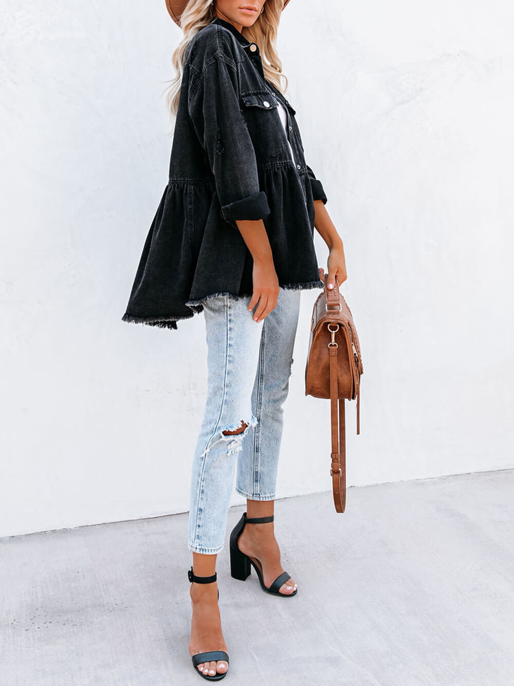 Distressed Jeansstoff Knopf Runter Hemdjacke