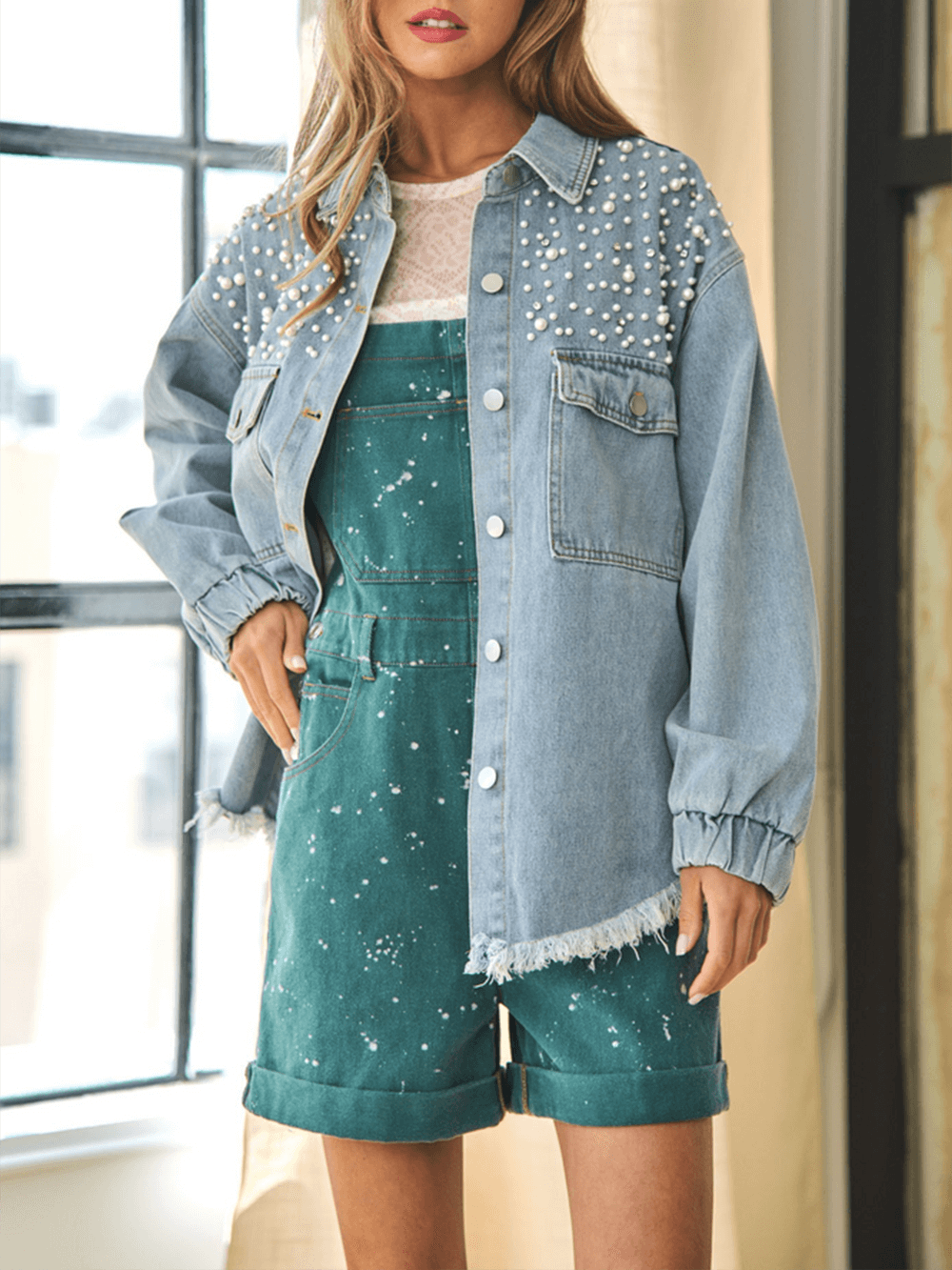 Perlenmädchen Übergroß Jeansstoff Shacket