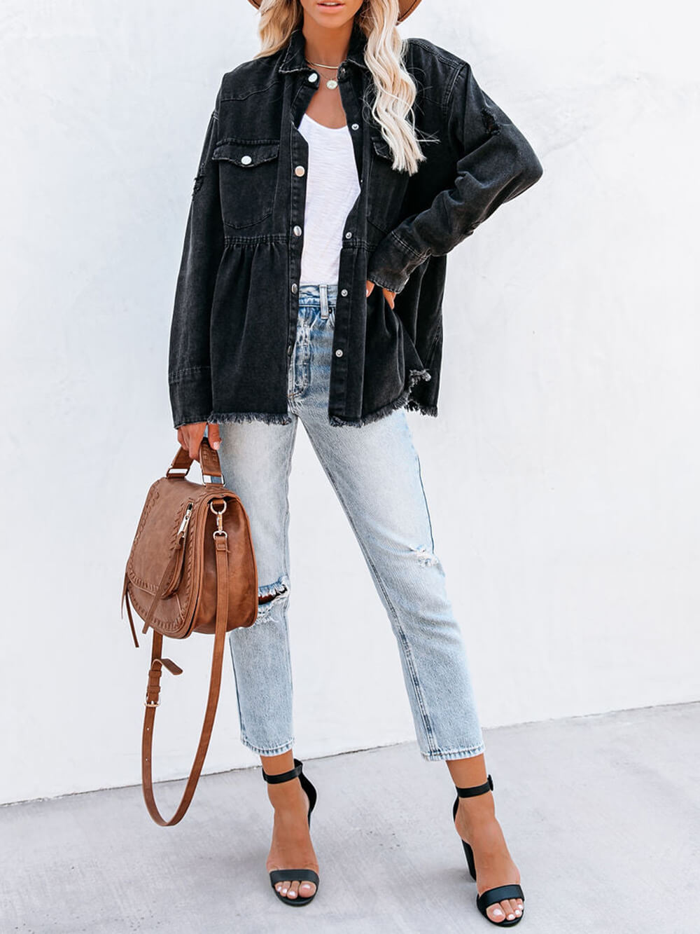 Distressed Jeansstoff Knopf Runter Hemdjacke