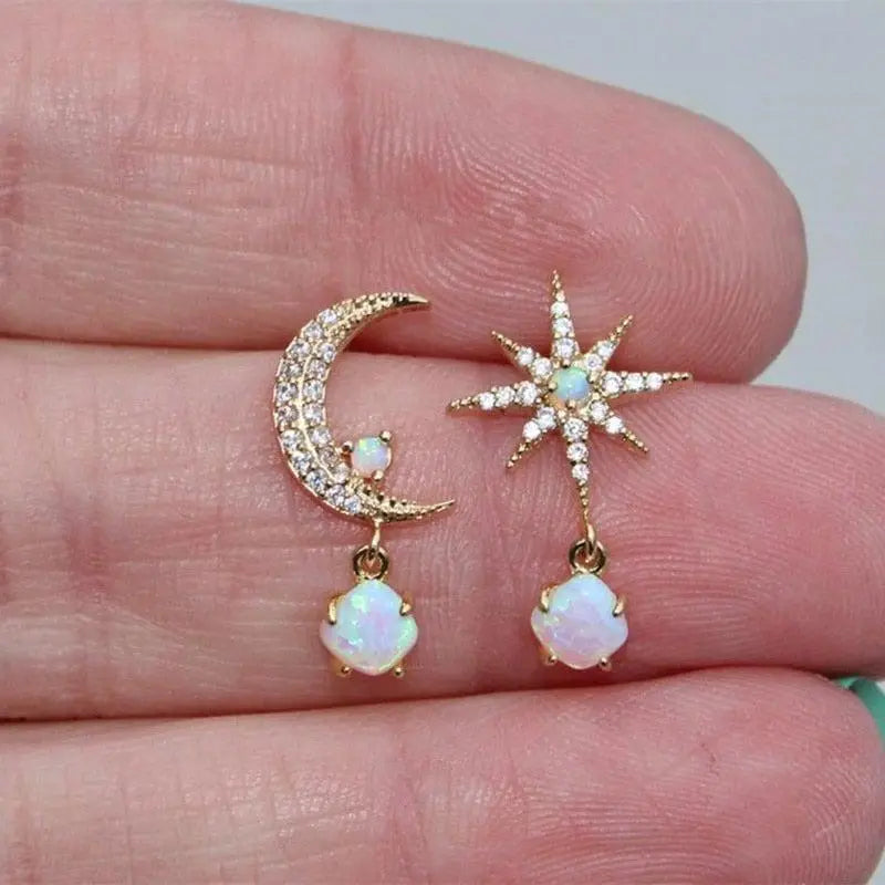 Mond und Stern Ohrringe aus Goldene und Opal